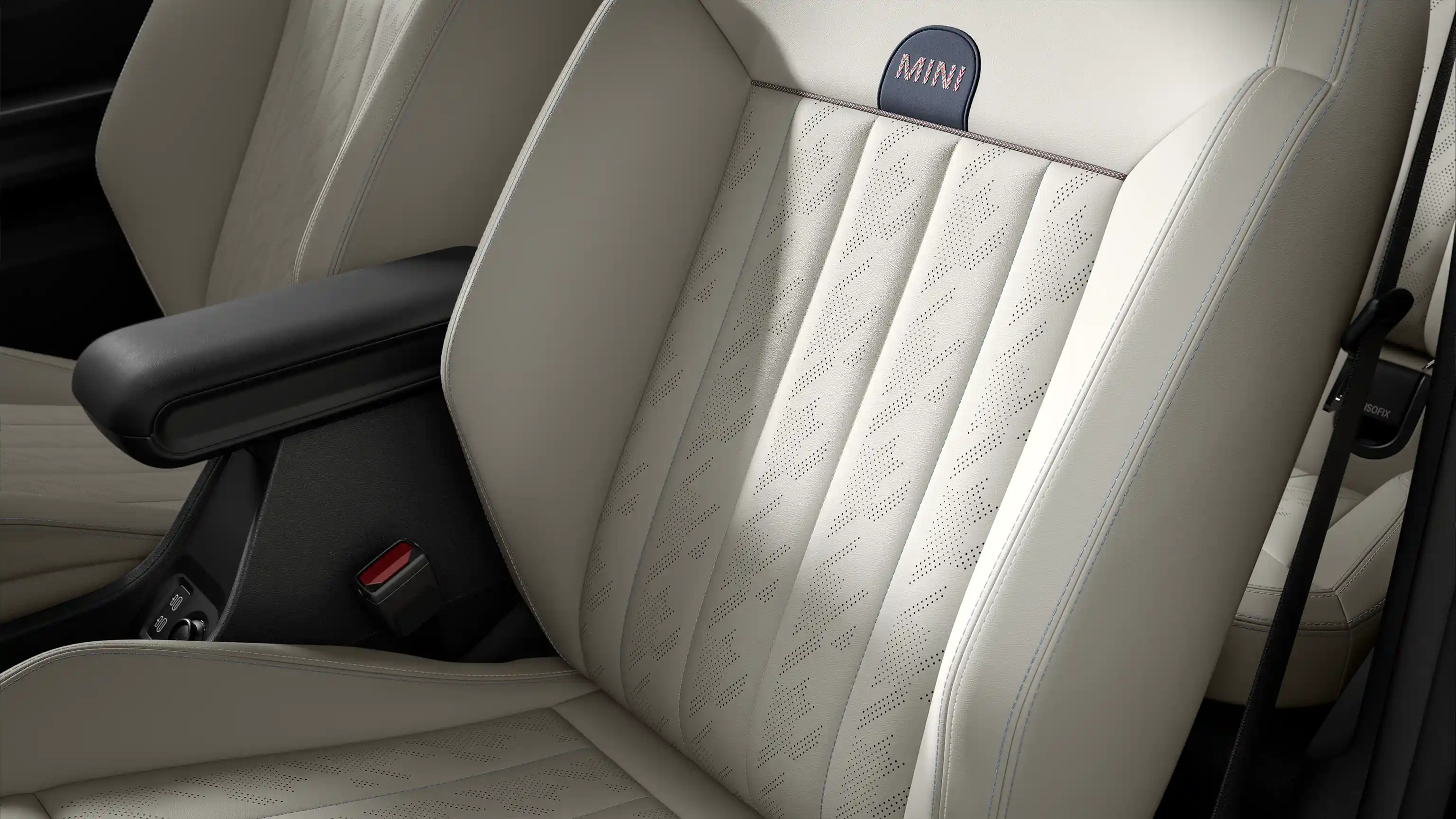 Vista dos assentos do MINI Cooper Conversível Favoured Style em Bege Vescin.