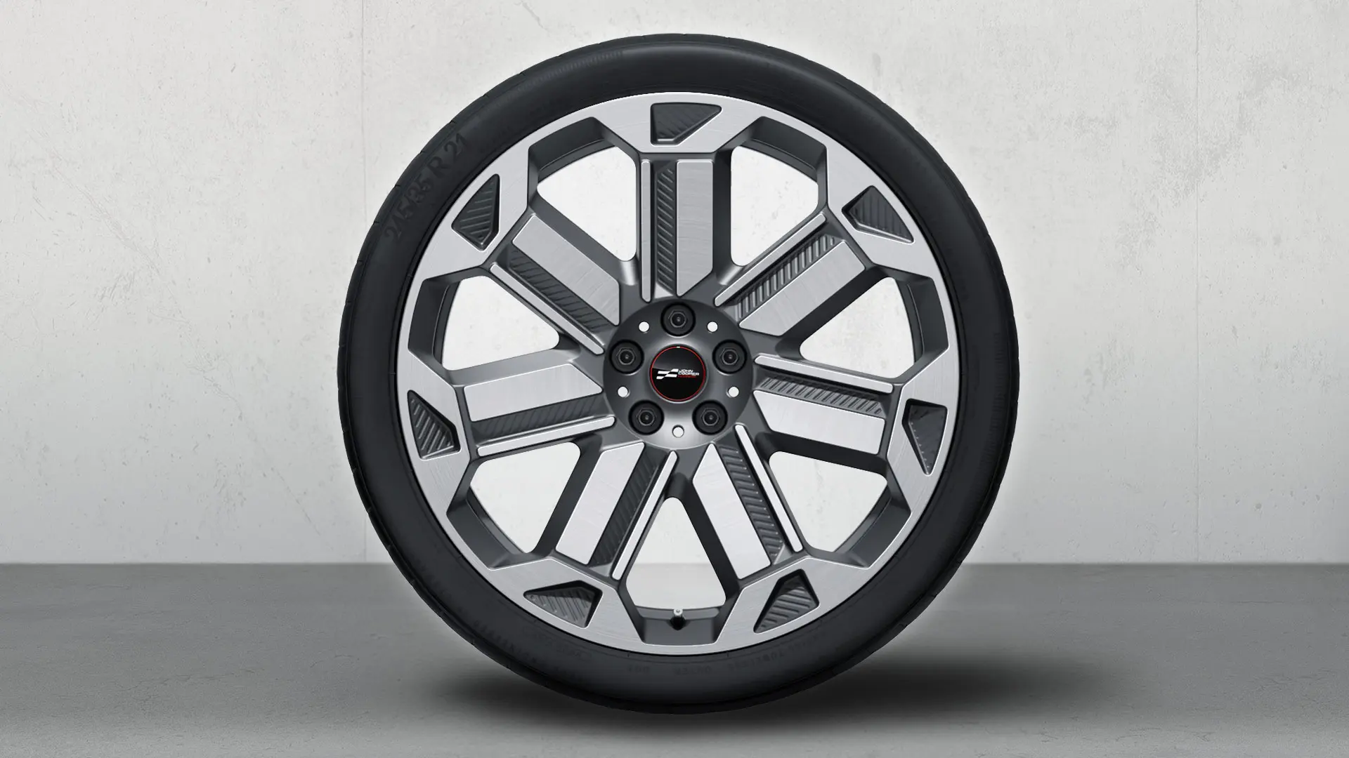 Rodas de liga leve JCW de 21" Rallye Spoke 950 Bicolor (em cinza Frozen Gunmetal, polidas brilhantes), conjunto completo de rodas de verão. 