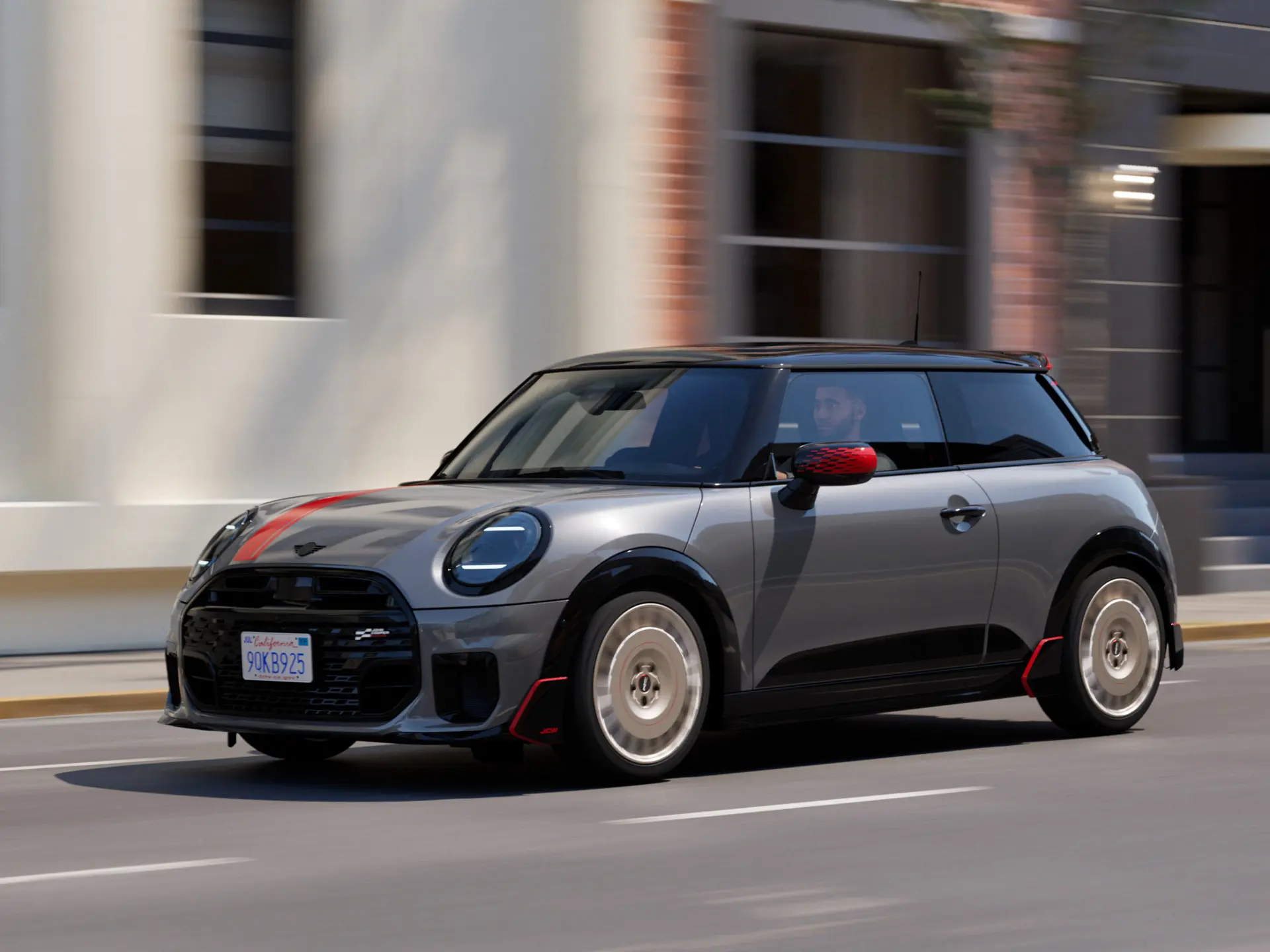 Um homem dirigindo um MINI Cooper.