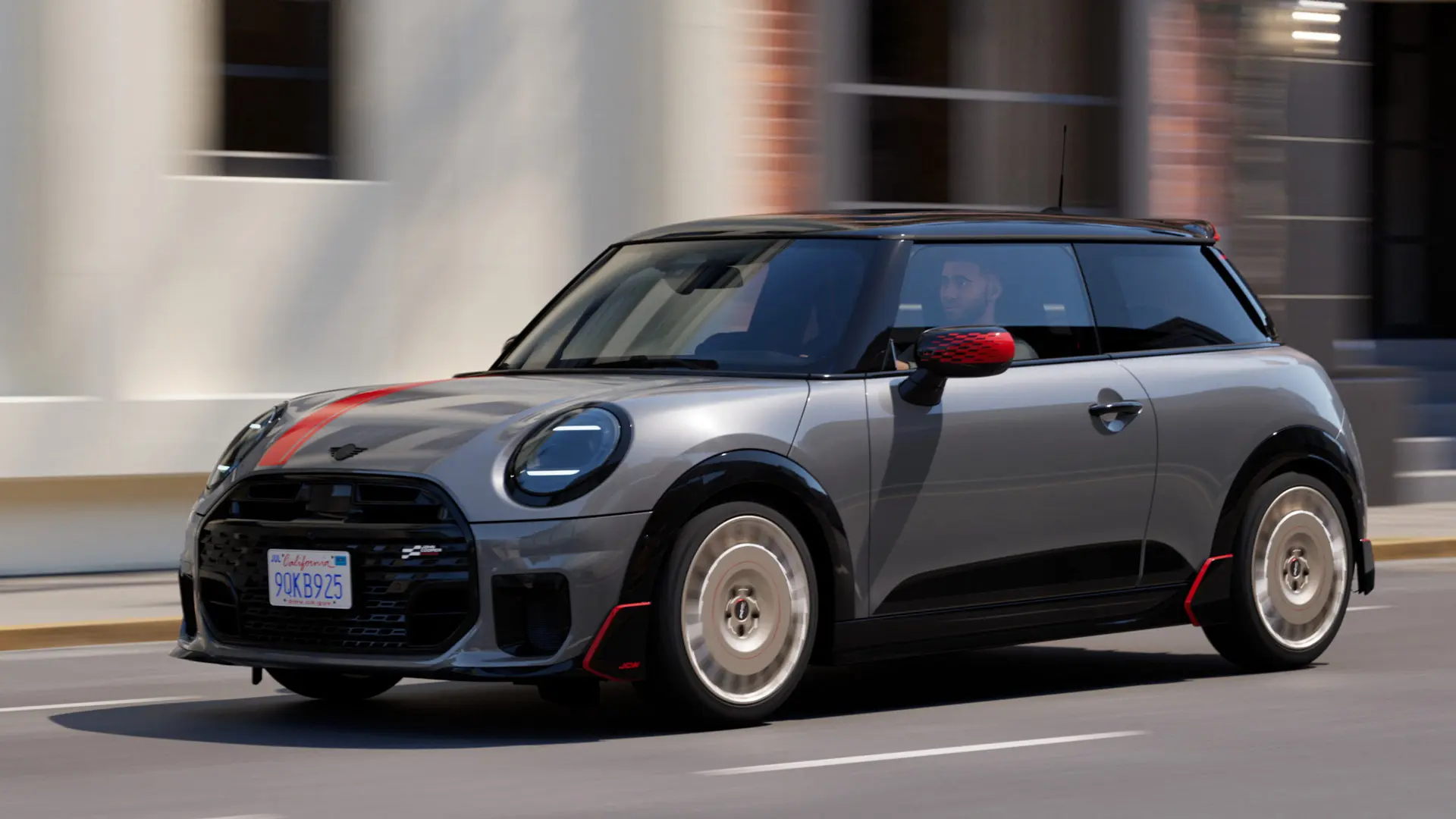 Um homem dirigindo um MINI Cooper.