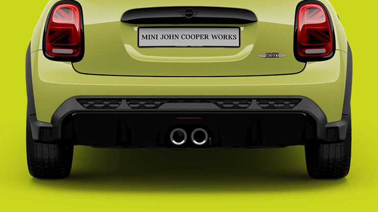 Saídas do escapamento do MINI John Cooper Works Zesty Yellow 25k Edition.