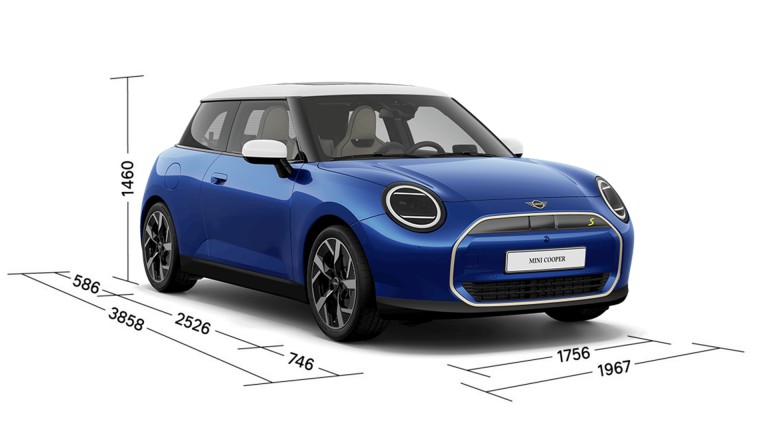 MINI totalmente elétrico - vista a 45 graus – dimensões.